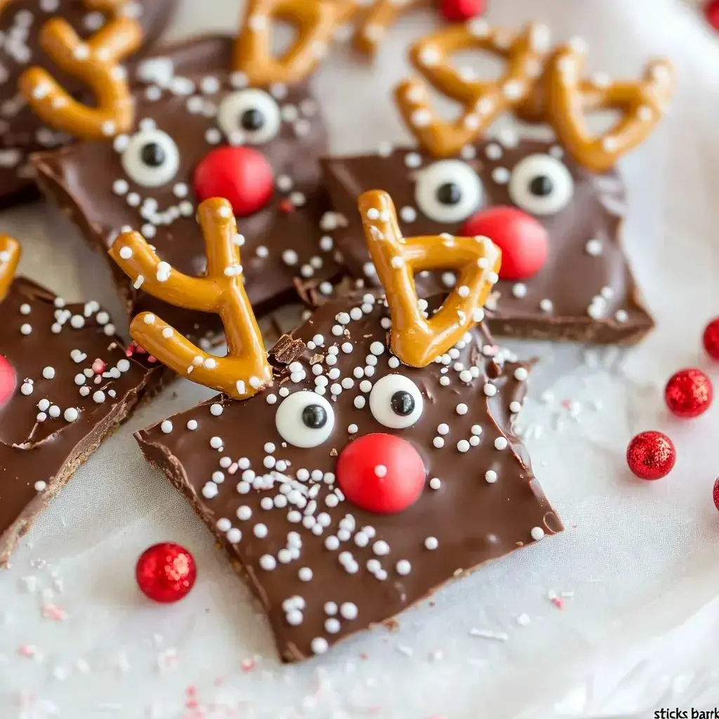 A detailed view of holiday chocolate pieces decorated as reindeer, with pretzel antlers, candy eyes, red candy noses, and scattered with white and bright sprinkles.